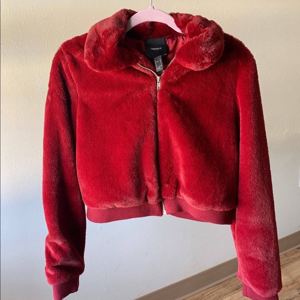 Forever 21 red faux fur jacket